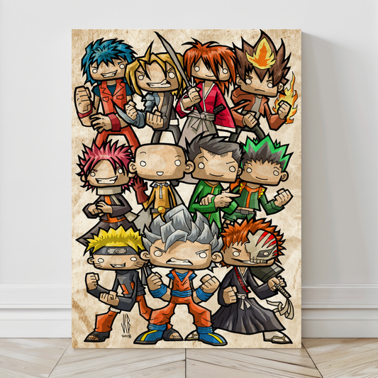 24x36 canvas of anime legends in chibi form including Naruto, Ichigo, and Goku

