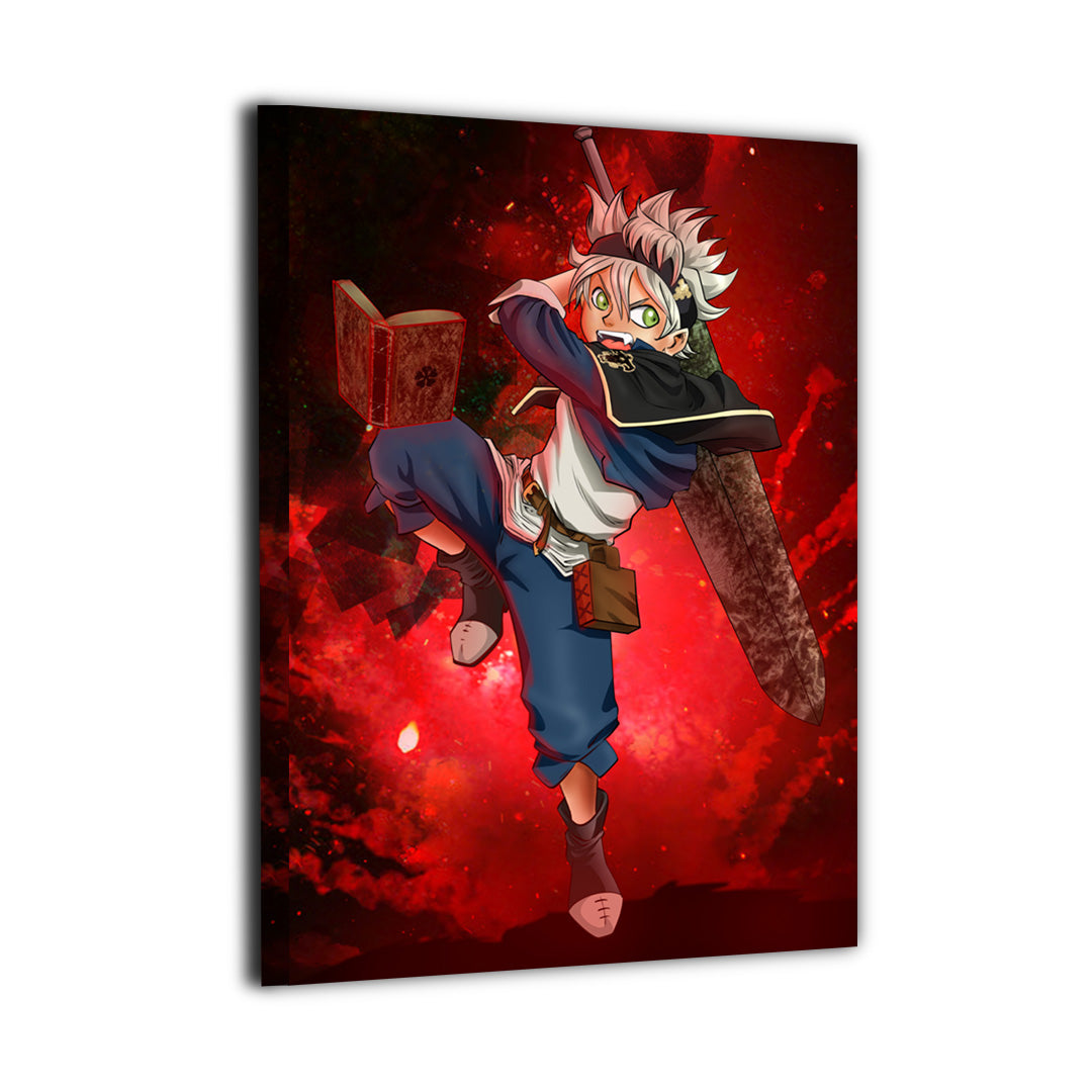 Black Clover Asta canvas wall art featuring the anti-magic warrior leaping into battle with his massive sword against a fiery red background