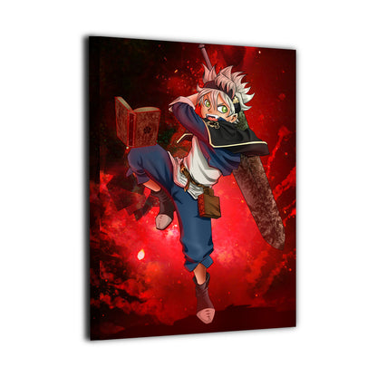 Black Clover Asta canvas wall art featuring the anti-magic warrior leaping into battle with his massive sword against a fiery red background