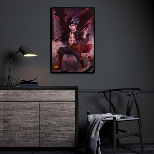 Black Clover Asta wall art by Jeff Benitez displayed in a modern interior, adding bold anime energy and dark fantasy style to contemporary wall décor