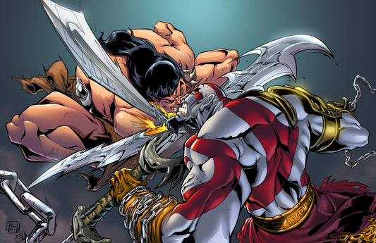 Panoramic canvas print of Barbarian vs God clashes from STG