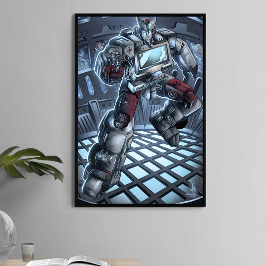Transformers-style Ratchet robot print on 11x17 paper with sci-fi background