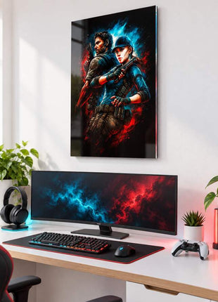 Bioterror Partners Chris and Claire Redfield acrylic wall art in a bright gaming office