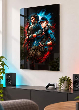 Bioterror Partners Chris and Claire Redfield acrylic wall art in a modern media lounge