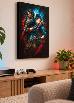 Bioterror Partners Chris and Claire Redfield canvas wall art in a cozy gaming lounge