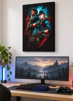 Bioterror Partners Chris and Claire Redfield canvas wall art in a bright gaming room