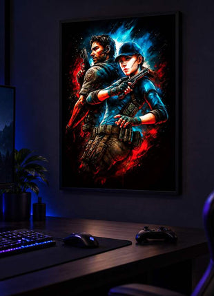 Bioterror Partners Chris and Claire Redfield LED lightbox wall art glowing in a dark gaming room