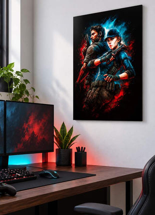 Bioterror Partners Chris and Claire Redfield metal wall art above a modern gaming desk