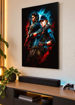 Bioterror Partners Chris and Claire Redfield metal wall art in a bright media room