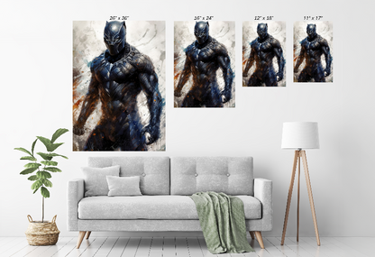 "Black Panther Watercolors Wall Art on Size Chart canvas, acrylic, and metal – front view featuring Marvel Black Panther"