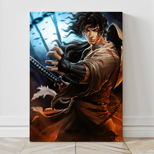 24x36 Canvas Print – Ninja Scroll’s Jubei in Rain Scene Artwork by Ceasar