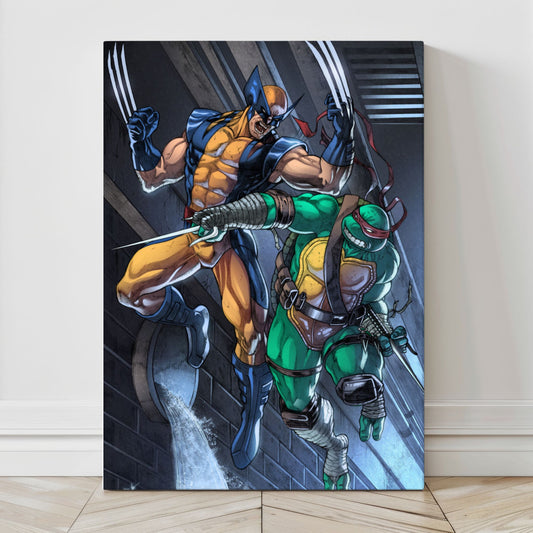 24x36 canvas wall art of Wolverine and Raphael clashing in comic-style fight