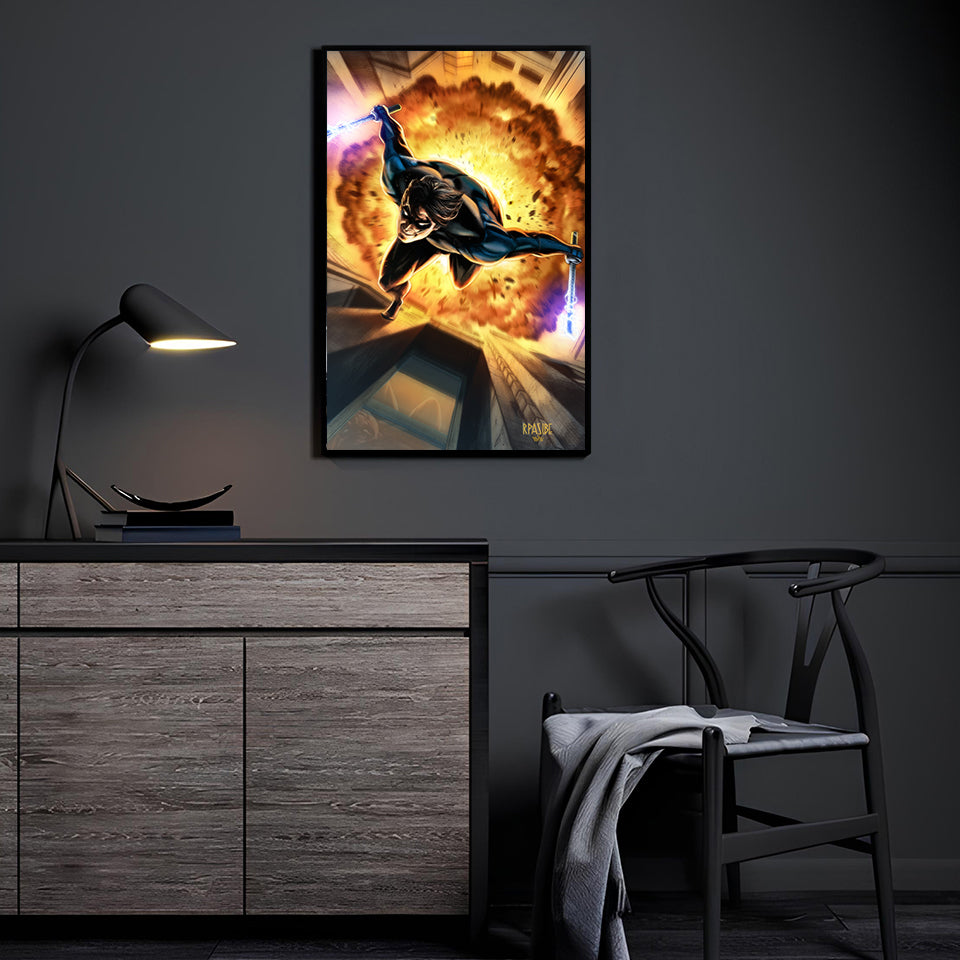 Blazing Descent Wall Art Room Mockup – Nightwing by Ryan Pasibe