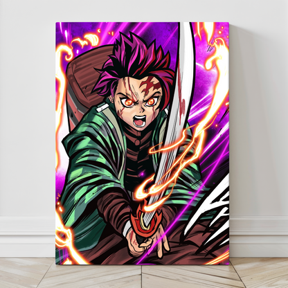 Gallery-wrapped canvas of Tanjiro mid-strike, fiery sword swing, rich brush texture and bold shonen colors.