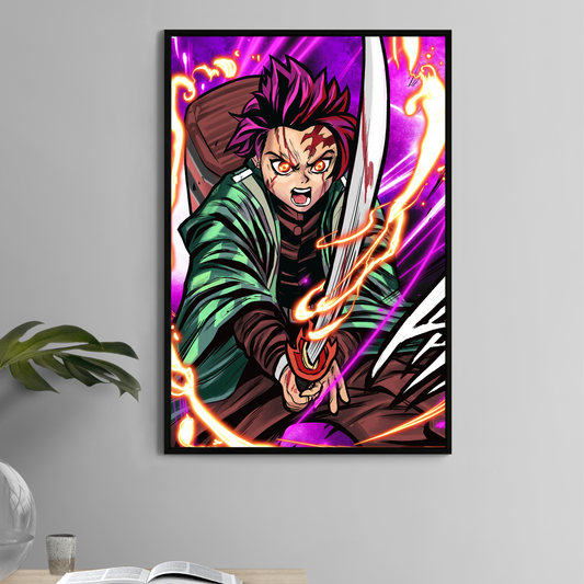 Tanjiro charging forward with flaming Nichirin sword, purple energy streaks and motion lines—high-detail anime poster print.
