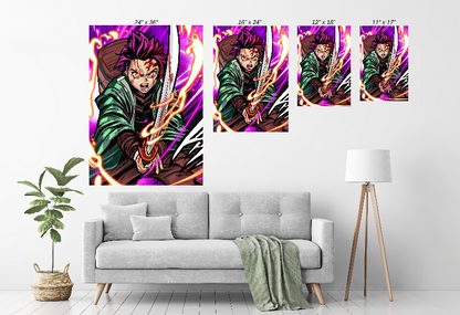 Gallery-wrapped canvas of Tanjiro mid-strike, fiery sword swing, rich brush texture and bold shonen colors.