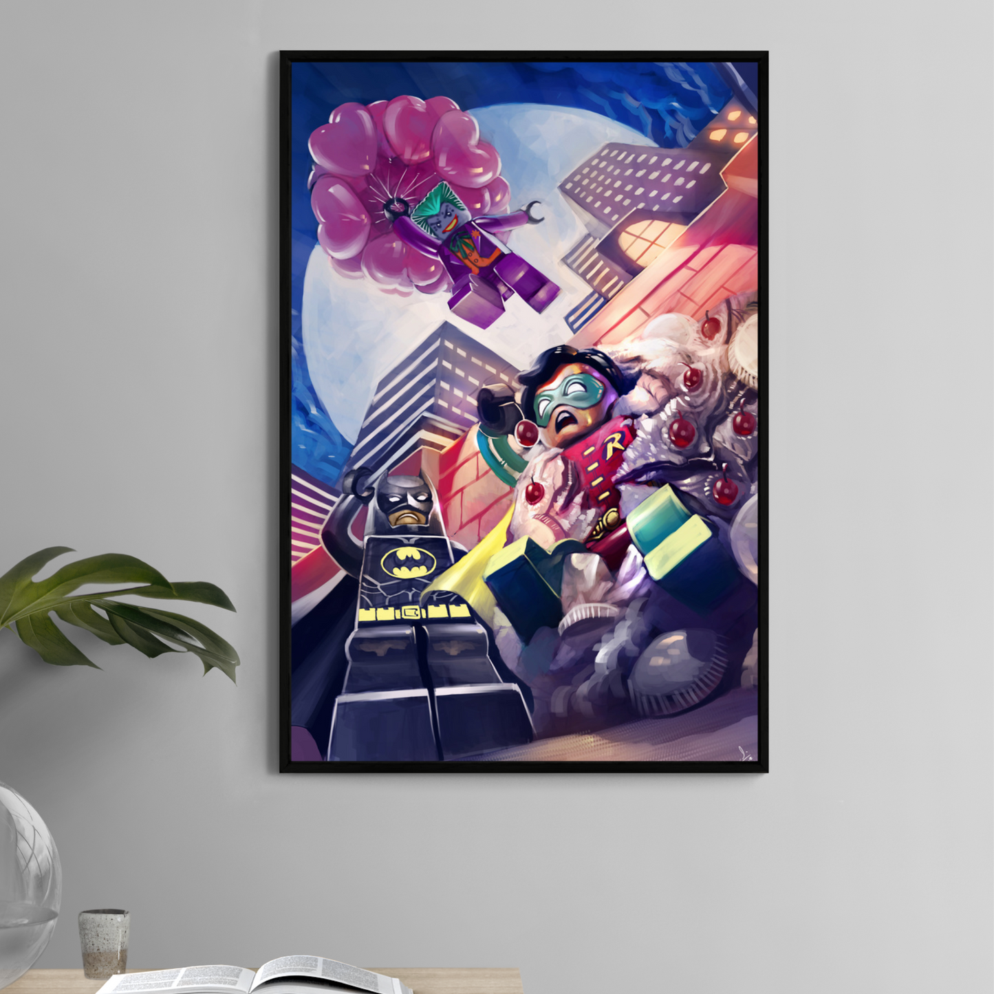  LEGO Batman, Joker, and Robin 11x17 print – comic-style rooftop chase