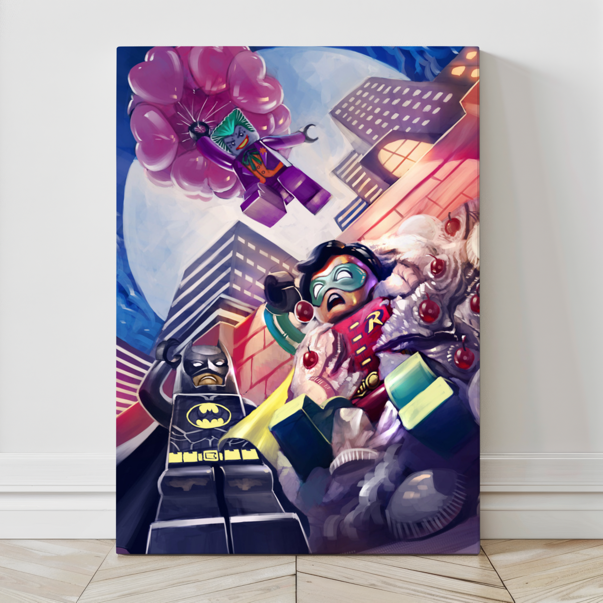 Large canvas print of LEGO Joker, Batman, Robin action scene – 24x36


