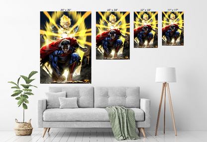 size chart print of Vegeta powering up behind Superman
