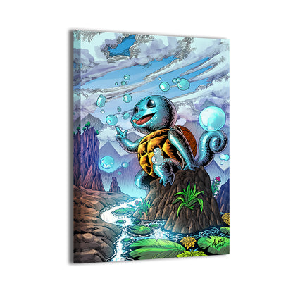 Playful Squirtle art sitting on a rock by stream, 12x18 canvas
