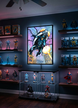 Bugship Pursuit Ted Kord Blue Beetle wall art displayed in a gaming room