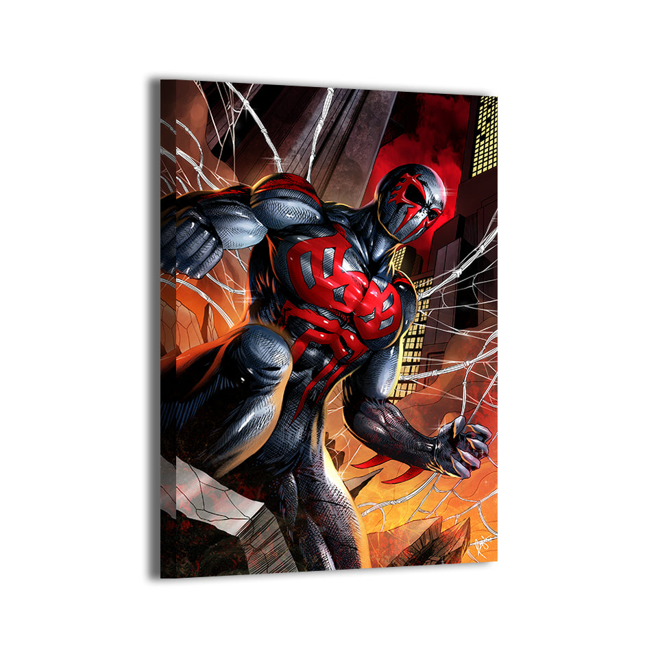 Spider-Man 2099 leaping forward over skyscrapers; artwork by Ceasar; gallery-wrapped, ready to hang.