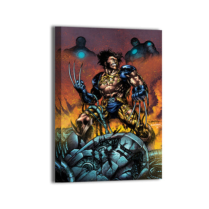 Adamantium Fury Canvas — Wolverine standing atop destroyed Sentinels, artwork by Emil Cabaltierra, colors by Santosh Pillewar; gallery-wrapped, ready to hang.