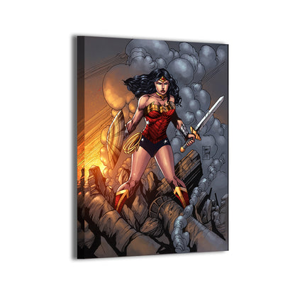Aegis of Themyscira Canvas — Wonder Woman stands ready with shield and sword, DC fan art by Emma J. Jones, colors by Nestor Redulla Jr.; gallery-wrapped, ready to hang.