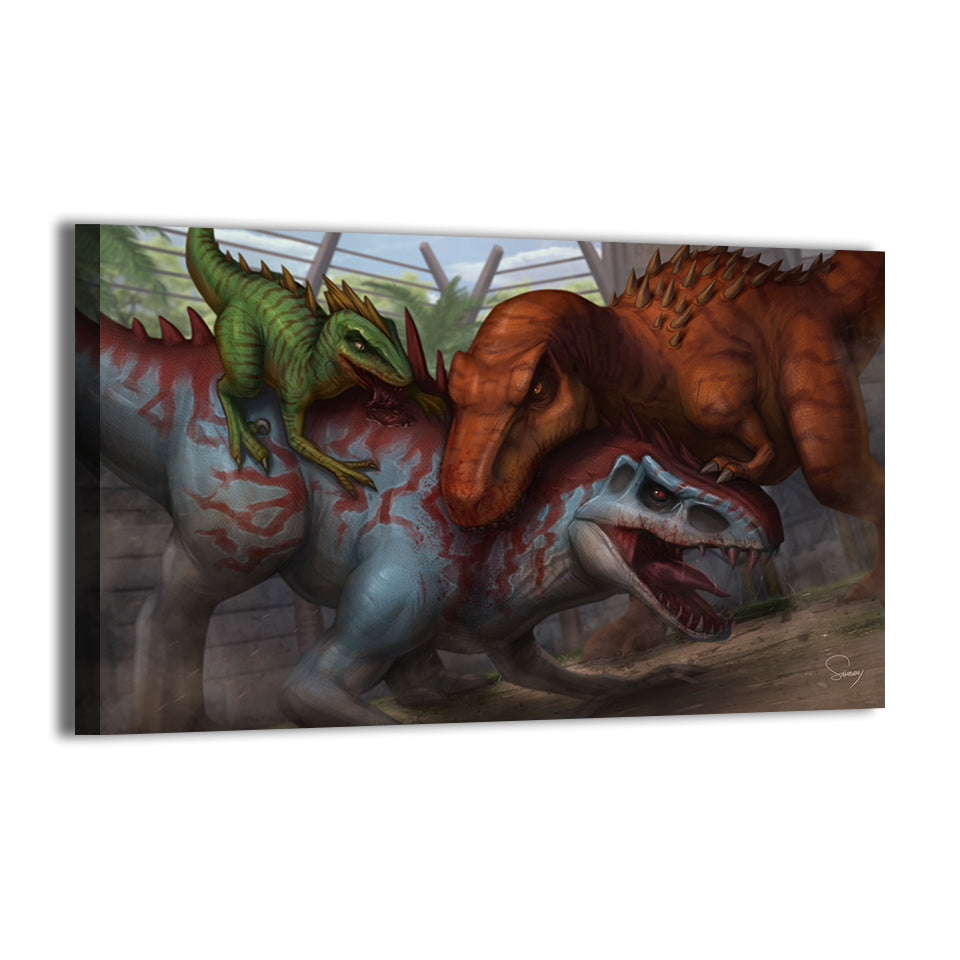 Jurassic-inspired dinosaur battle scene by Sam Dela Torre; gallery-wrapped, ready to hang.
