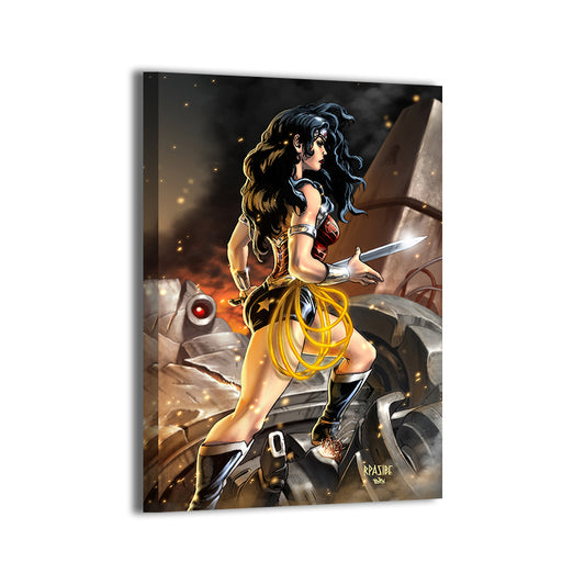 Amazon Vanguard Canvas Print — Wonder Woman amid sparks and wreckage, artwork by Ryan Pasibe with colors by Brian “Totz” Valeza; gallery-wrapped, ready to hang.