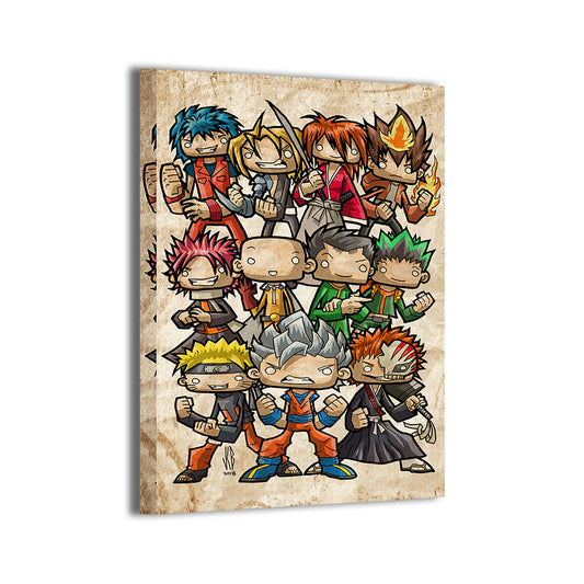 Anime Brawler Squad Canvas Print — anime heroes Goku, Naruto, Luffy, Ichigo & Gon; artwork by Jeff Benitez; gallery-wrapped, ready to hang.