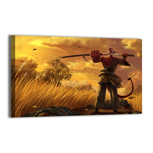 Hellboy ronin standing over fallen foe in tall grass with orange sky; Justine Cruz artwork on gallery-wrapped canvas.
