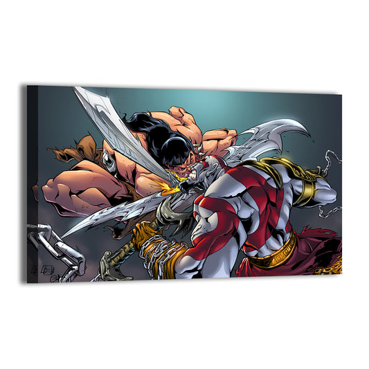conan and kratos sword clash by Austin Janowsky; gallery-wrapped, ready to hang.
