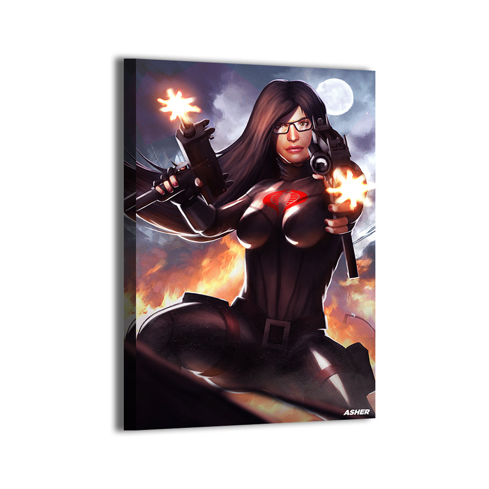 G.I. Joe Baroness in action pose with twin guns; artwork by Ben Asher; gallery-wrapped, ready to hang.