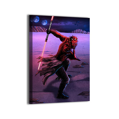 Darth Maul turning to strike under twin moons; Geebo Vigonte and NAHP artwork on gallery-wrapped canvas.