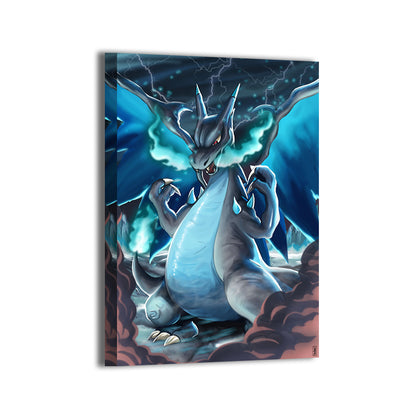 Blazing Evolution Canvas Print — Mega Charizard X from Pokémon, artwork by Ray Dash; gallery-wrapped, ready to hang.