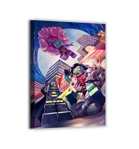 LEGO Batman, Robin, and Joker Block City Showdown canvas wall art, ready to hang, art by Ceasar.