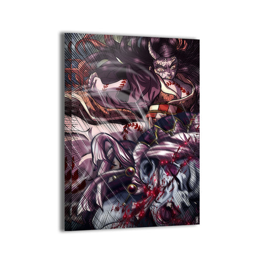 Blood Moon Rampage Canvas Print — Nezuko unleashing demonic strength with crimson energy, artwork by Ray Dash; gallery-wrapped, ready to hang.