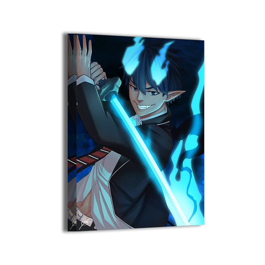 Blue Flame Duel Canvas — Rin Okumura ignites blue flames, Blue Exorcist art by Shirra; gallery-wrapped, ready to hang.