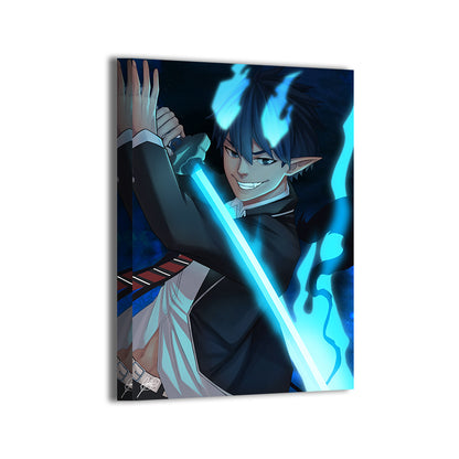 Blue Flame Duel Canvas — Rin Okumura ignites blue flames, Blue Exorcist art by Shirra; gallery-wrapped, ready to hang.