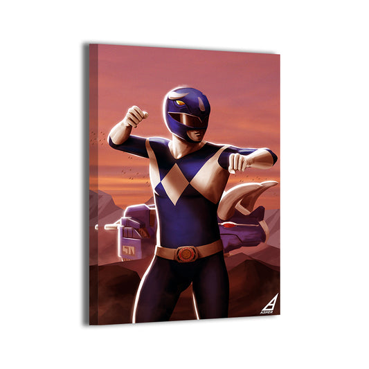 canvas wall art of Blue Ranger with Zord in rocky desert.