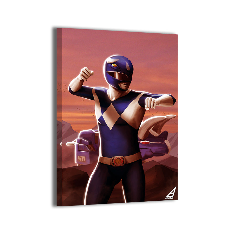canvas wall art of Blue Ranger with Zord in rocky desert.