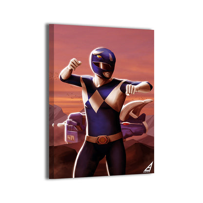 canvas wall art of Blue Ranger with Zord in rocky desert.