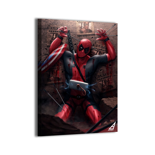Deadpool bursting from rubble surrounded by wanted posters on canvas by Ben Asher.