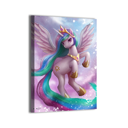 Celestial Dawn Princess Canvas Print — Princess Celestia in sunrise glow with regal wings; artwork by Nopeys; gallery-wrapped, ready to hang.
