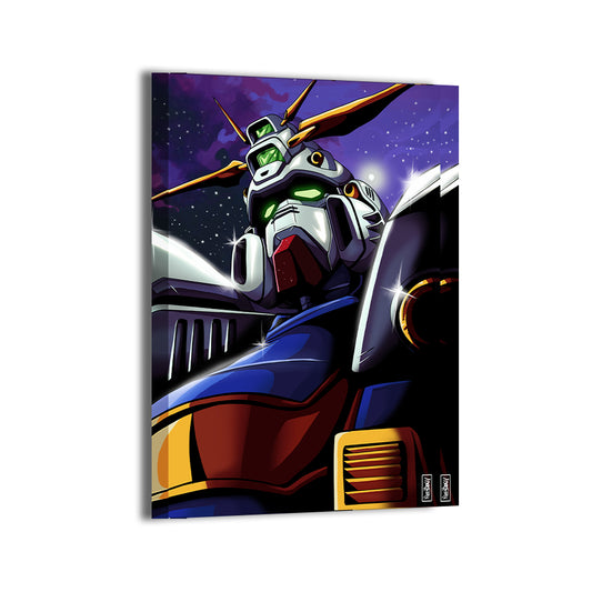 Celestial Mobile Suit Canvas Print — shining Gundam armor against a cosmic sky, artwork by Ray Dash; gallery-wrapped, ready to hang.