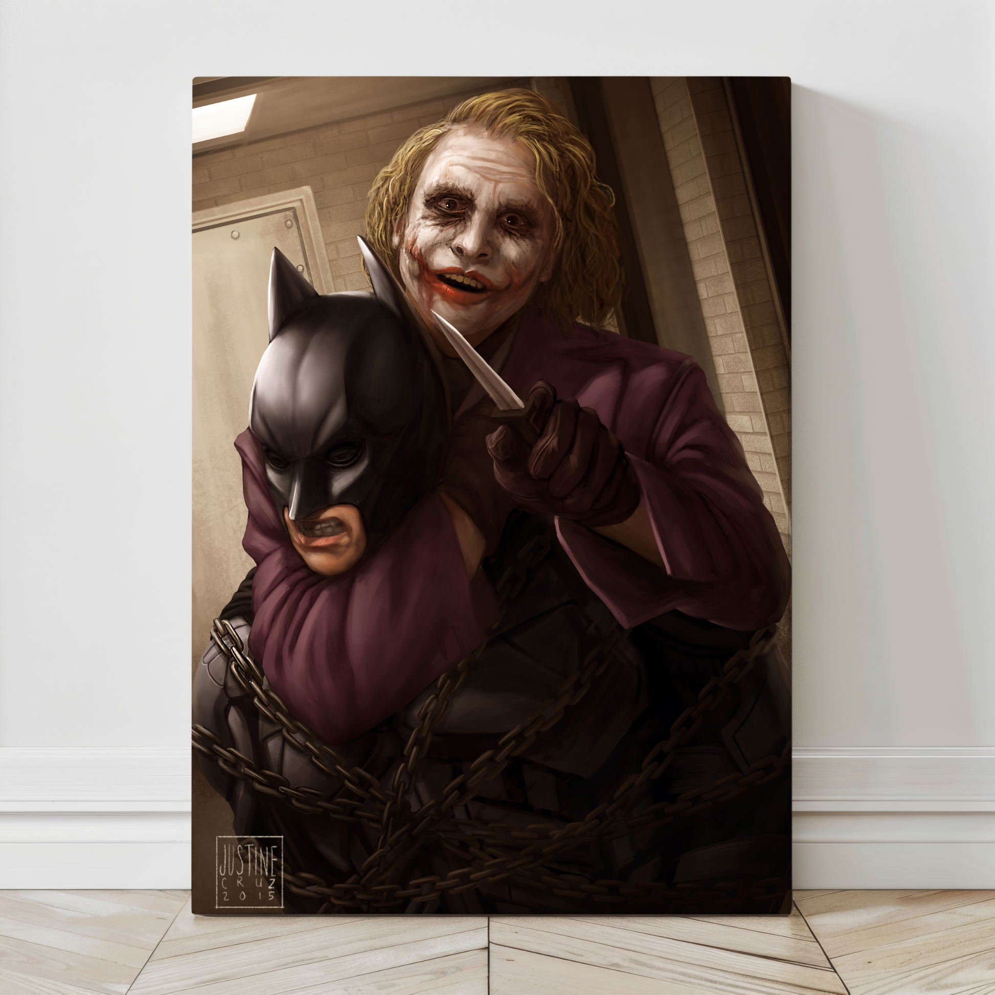 Batman and Joker in Chains of Chaos, gallery-wrapped canvas, ready to hang, art by Justine Cruz.
