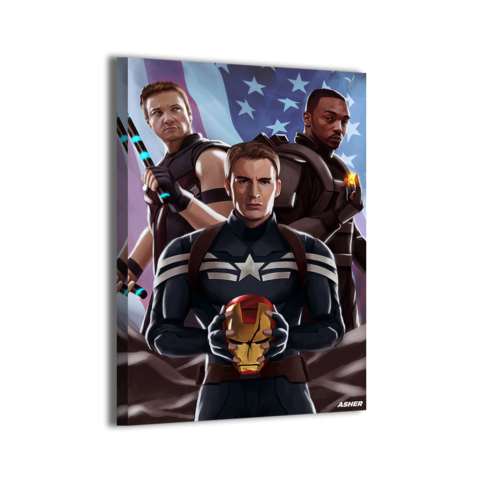 Captain America, Falcon, and Hawkeye by Ben Asher; gallery-wrapped, ready to hang.