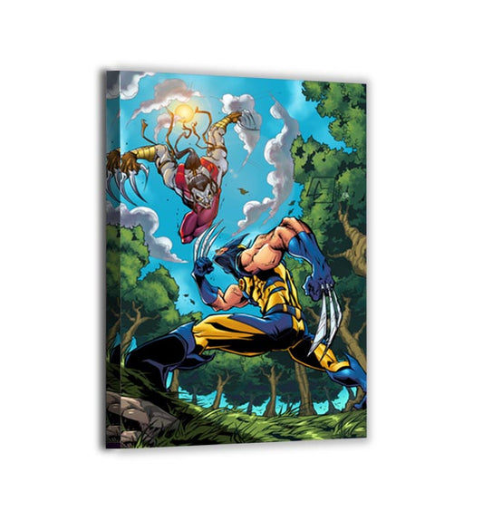 Textured canvas view of Wolverine vs. Ripclaw—motion trails, torn grass, sunlit clouds, bold inks and saturated color.