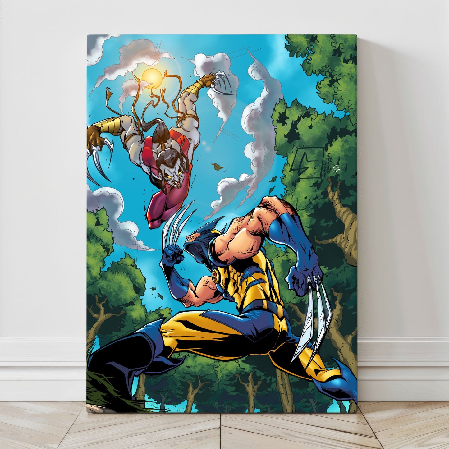 Textured canvas view of Wolverine vs. Ripclaw—motion trails, torn grass, sunlit clouds, bold inks and saturated color.
